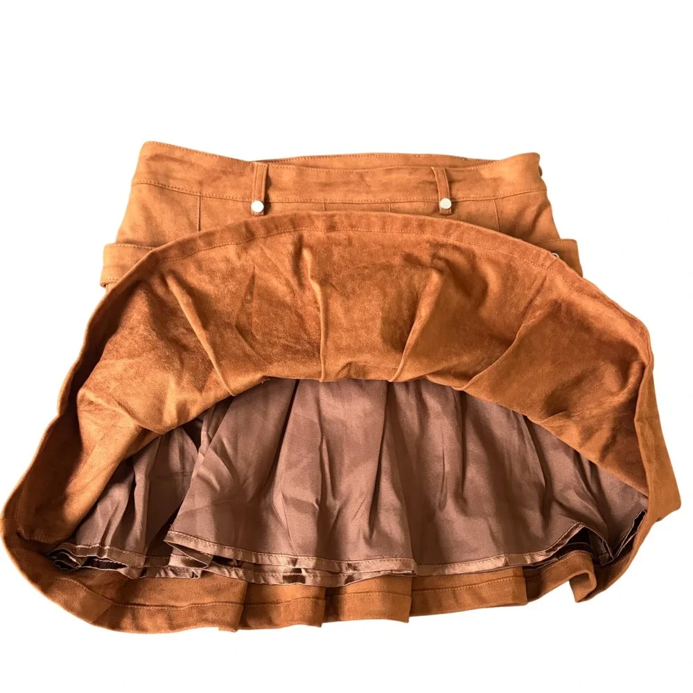 NEW Jacquie the Label Mini Skirt Faux Suede Brown Pleated Buckle Western Cowgirl